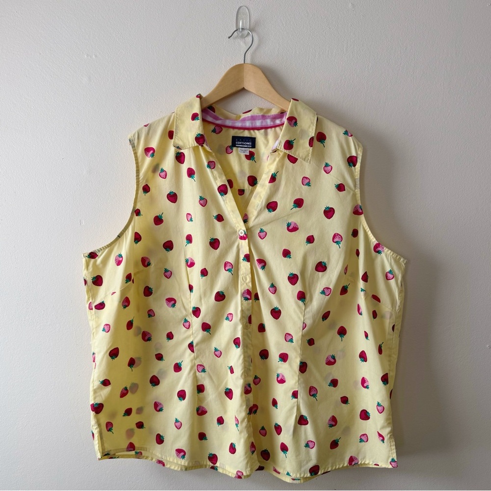 Basic Editions Butter Yellow Strawberry Print Sleeveless Blouse Size 3X